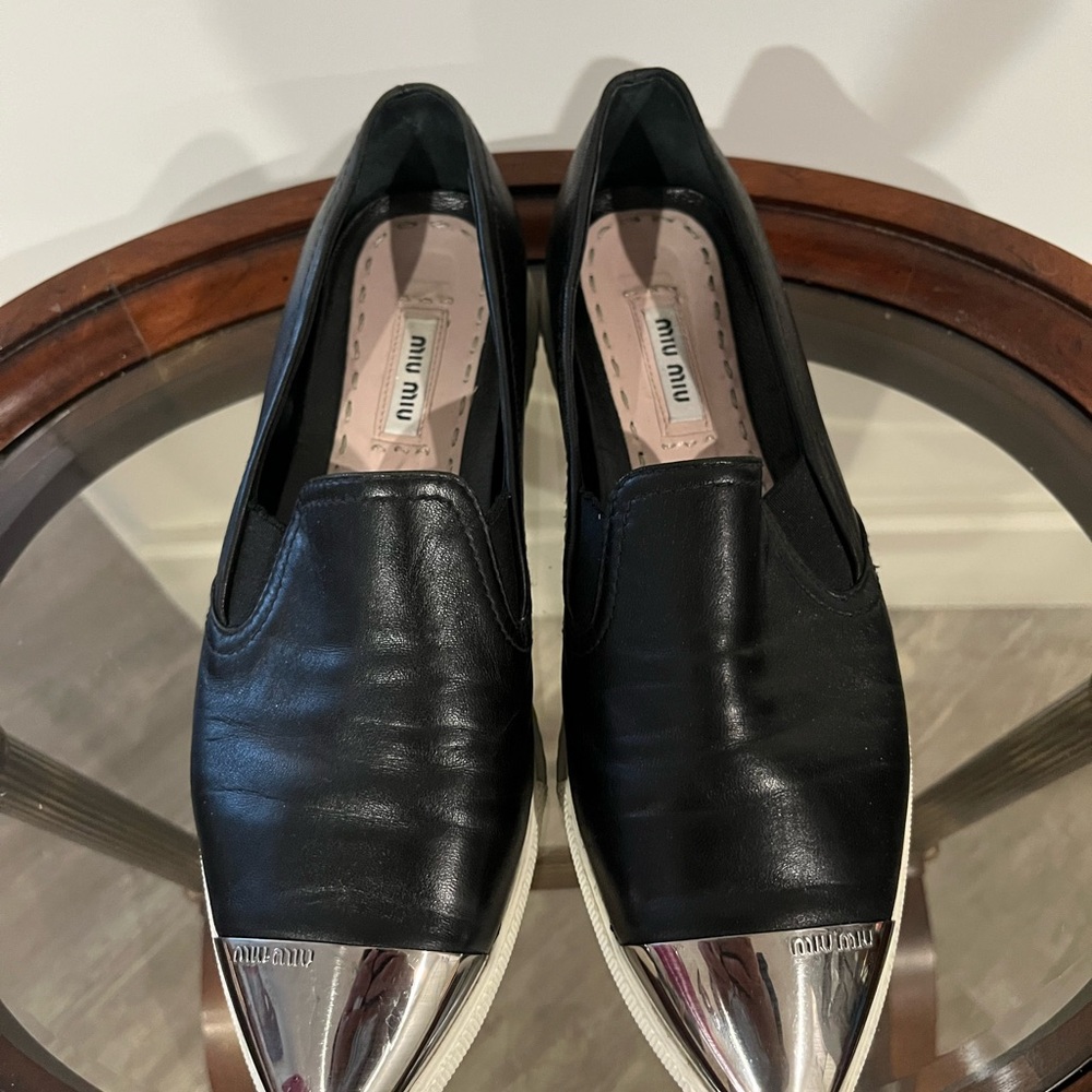 Miu Miu Black Leather sneakers with Silver Cap Toe